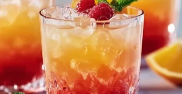Alkoholfreier Tequila Sunrise in einem Glas mit frischen Früchten