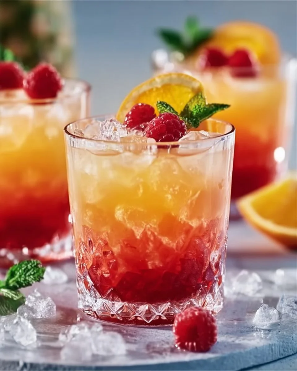 Alkoholfreier Tequila Sunrise in einem Glas mit frischen Früchten