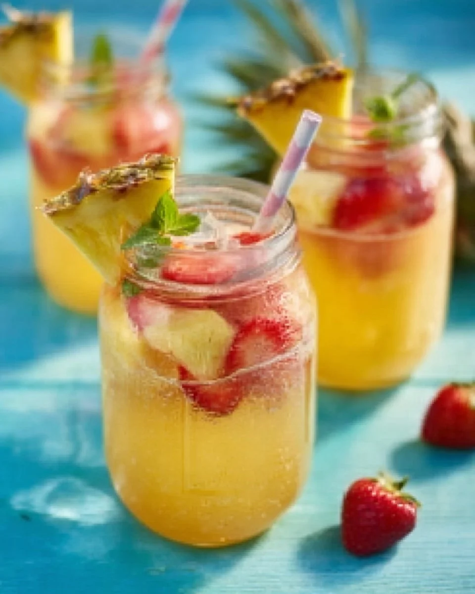 Ananas-Erdbeer-Bowle in einer Glaskaraffe mit frischen Früchten