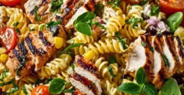 Leckeres BBQ Hähnchen Pasta Salat in einer Schüssel serviert.