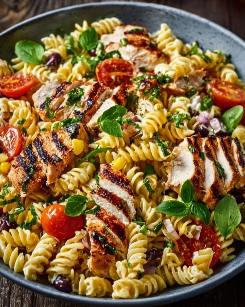 Leckeres BBQ Hähnchen Pasta Salat in einer Schüssel serviert.