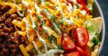 Big Mac Cheeseburger Salat in einer Schüssel, frisch und appetitlich angerichtet.