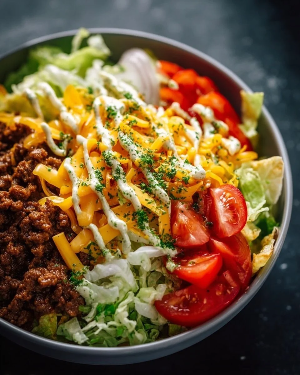 Big Mac Cheeseburger Salat in einer Schüssel, frisch und appetitlich angerichtet.