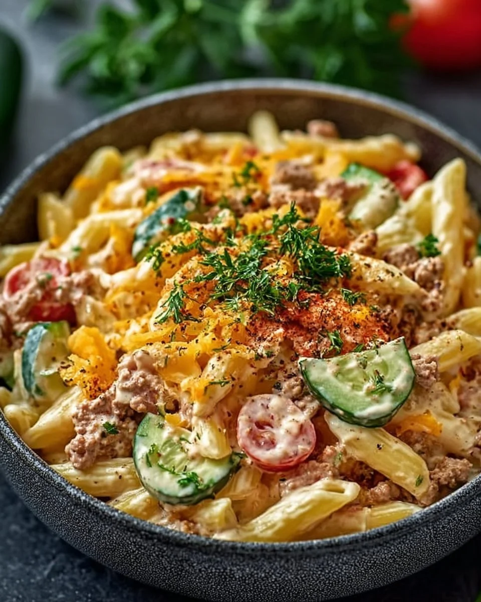 Big Mac Nudelsalat – Pasta mit Big Mac Geschmack in einer kreativen Salatschüssel.
