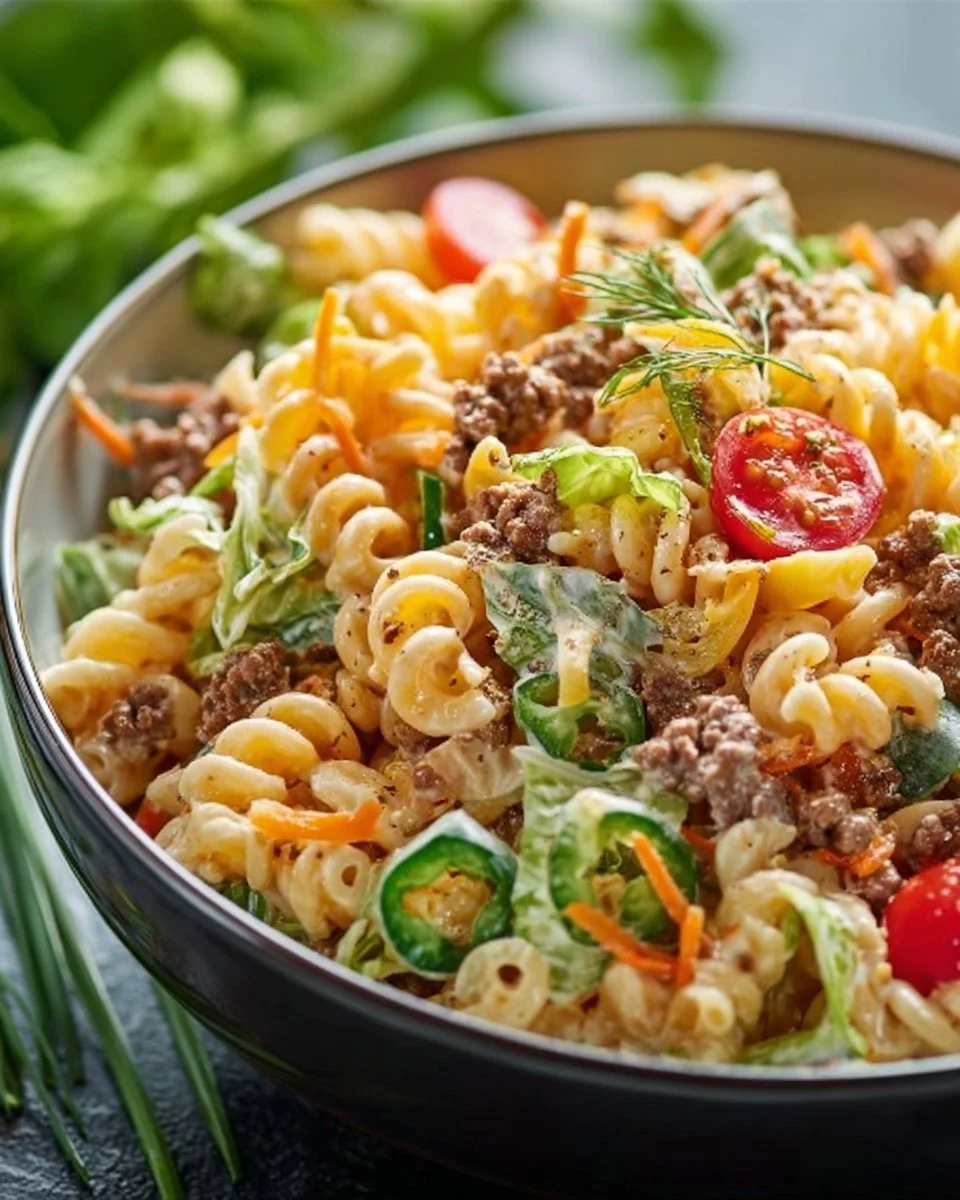 Big Mac Nudelsalat mit Pasta und Burger-Aromen in einer Schüssel.