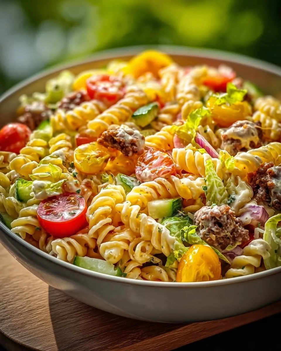 Big Mac Pasta Salat mit frischen Zutaten und leckeren Saucen