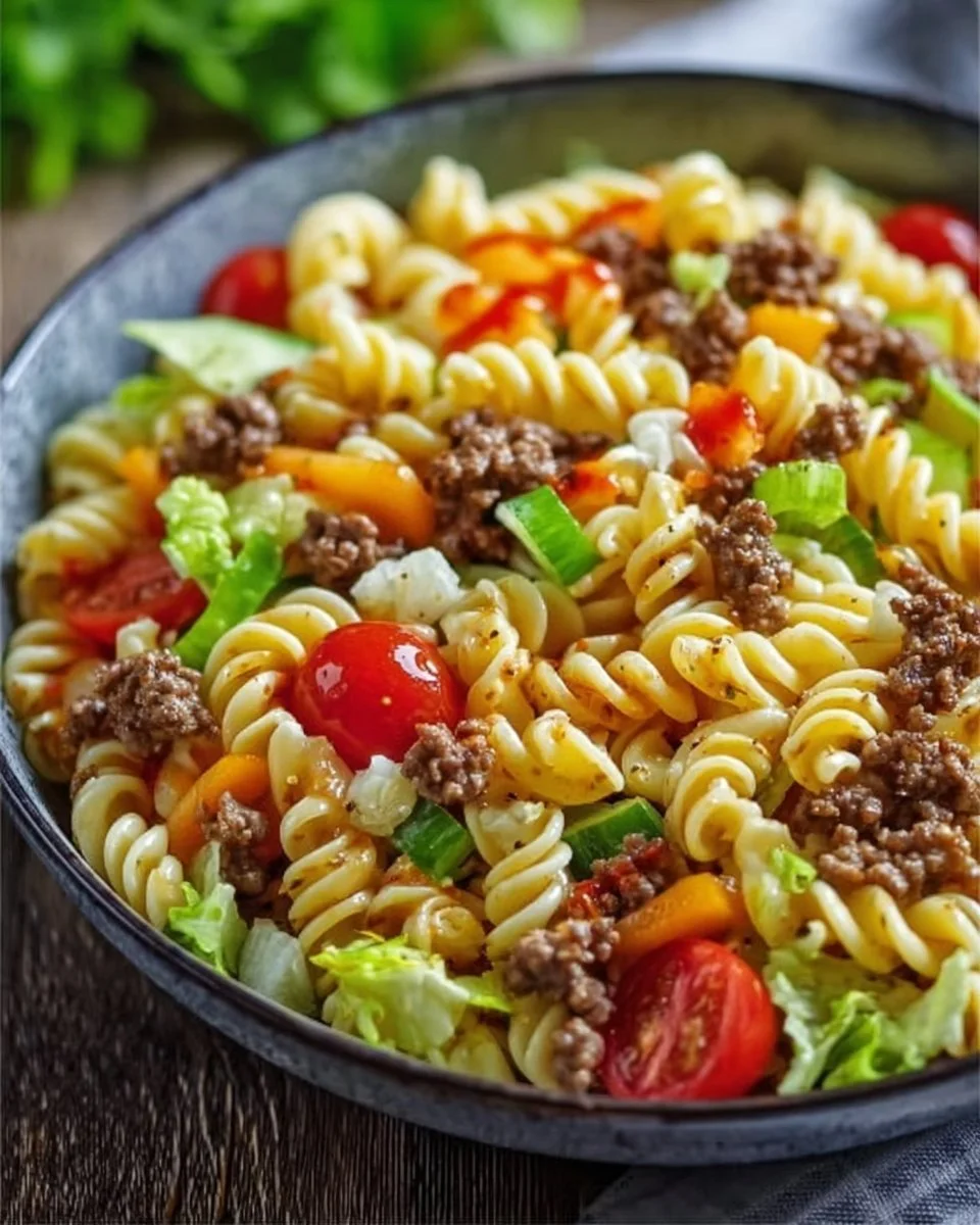 Big Mac Pastasalat mit Pasta, Gemüse und würzigen Saucen in einer Schüssel