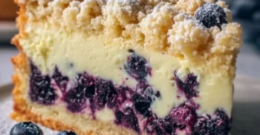 Blaubeerkuchen mit Pudding und Streuseln auf einem Tisch serviert