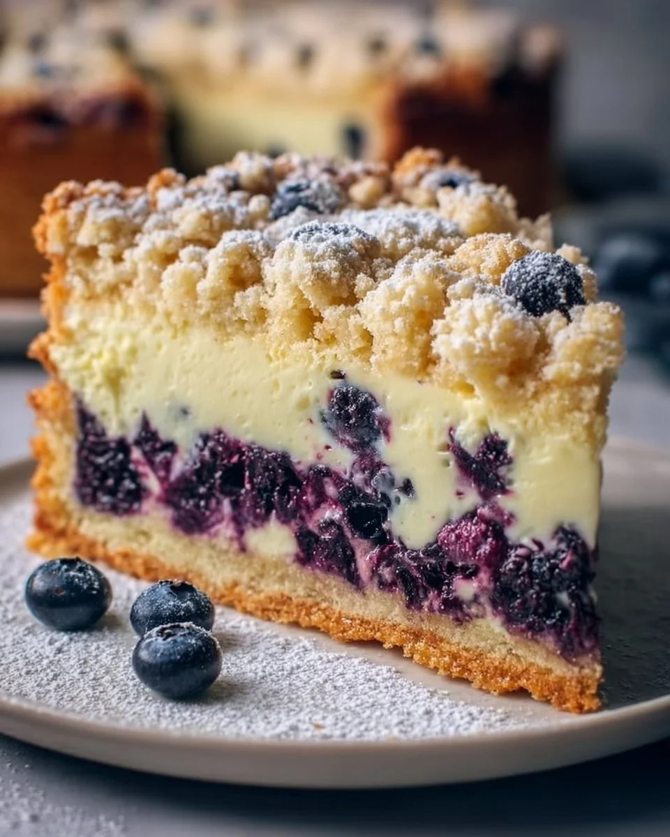 Blaubeerkuchen mit Pudding und Streuseln auf einem Tisch serviert