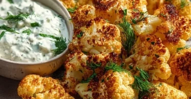 Blumenkohl aus dem Airfryer mit Kräuterquark auf einem Teller