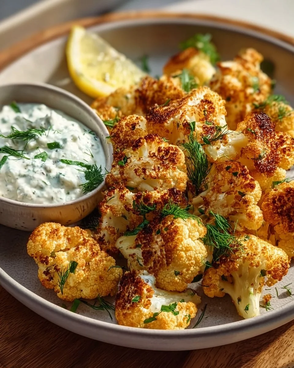 Blumenkohl aus dem Airfryer mit Kräuterquark auf einem Teller