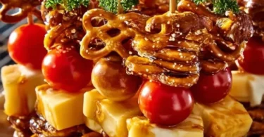 Brezel-Käse-Spieße serviert mit süßem Senf auf einem Teller