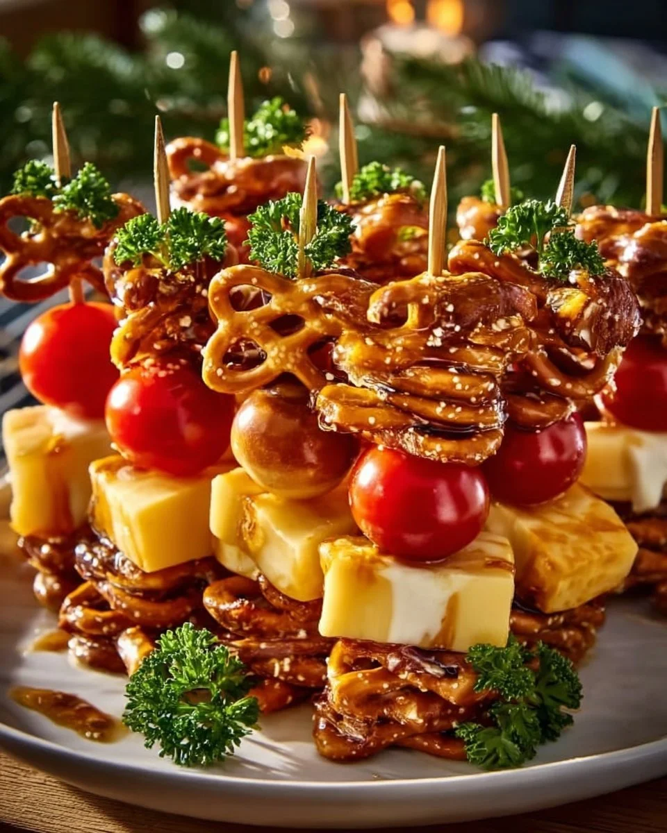 Brezel-Käse-Spieße serviert mit süßem Senf auf einem Teller