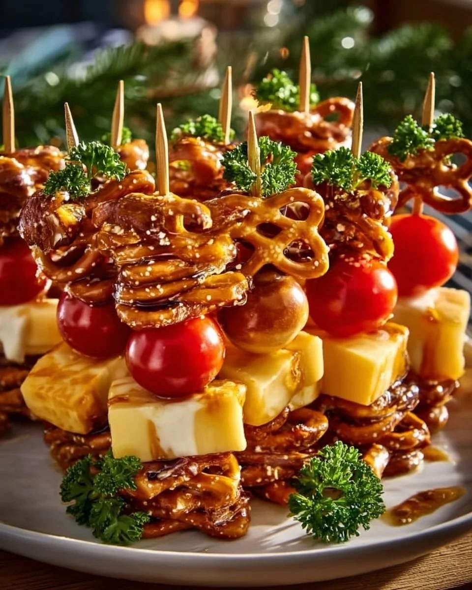 Brezel-Käse-Spieße mit süßem Senf