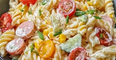 Bunter Nudelsalat mit Mayonnaise in einer Schüssel angerichtet