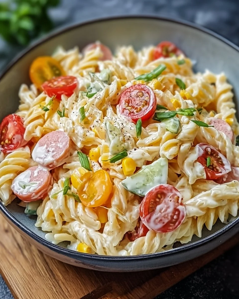 Bunter Nudelsalat mit Mayonnaise in einer Schüssel angerichtet