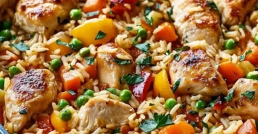 Bunter Reisauflauf mit Gemüse und Hühnchen auf einem Teller serviert.