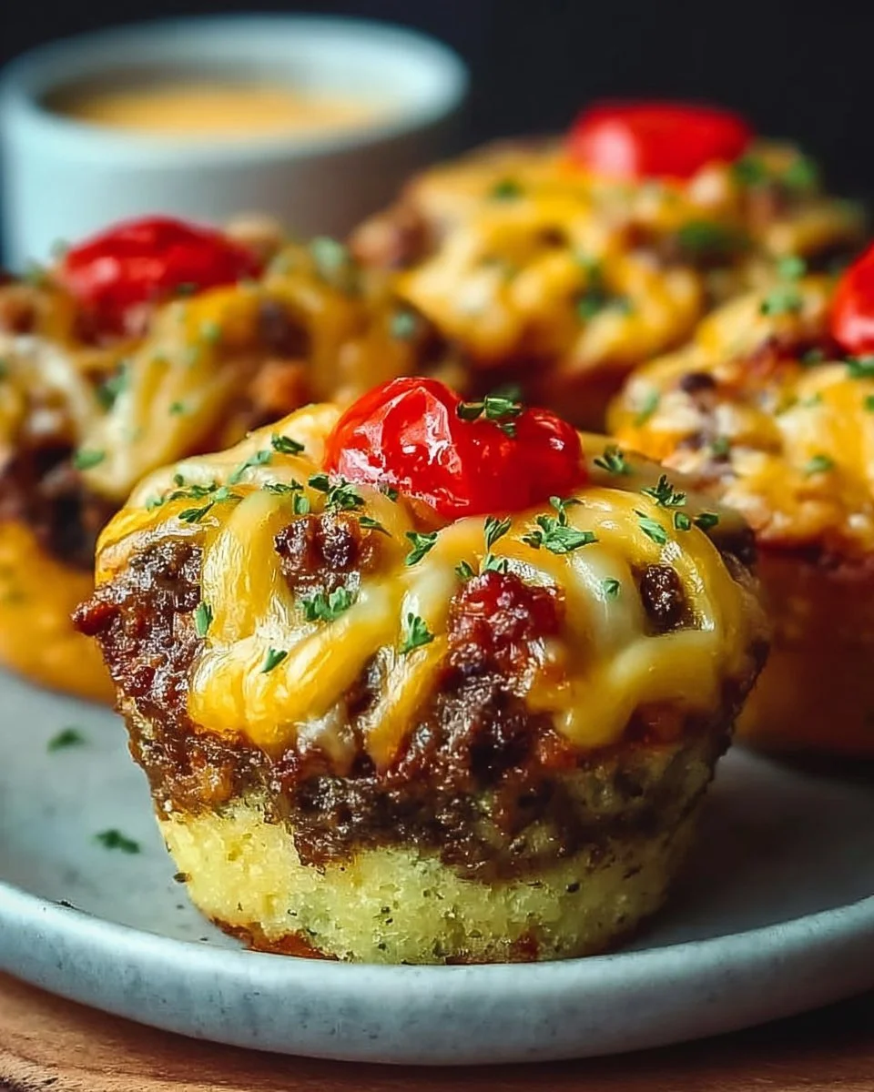 Köstliche Cheeseburger-Muffins auf einem Teller serviert
