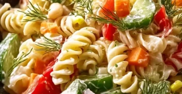 Cremiger Nudelsalat mit frischem Gemüse und einer sämigen Soße