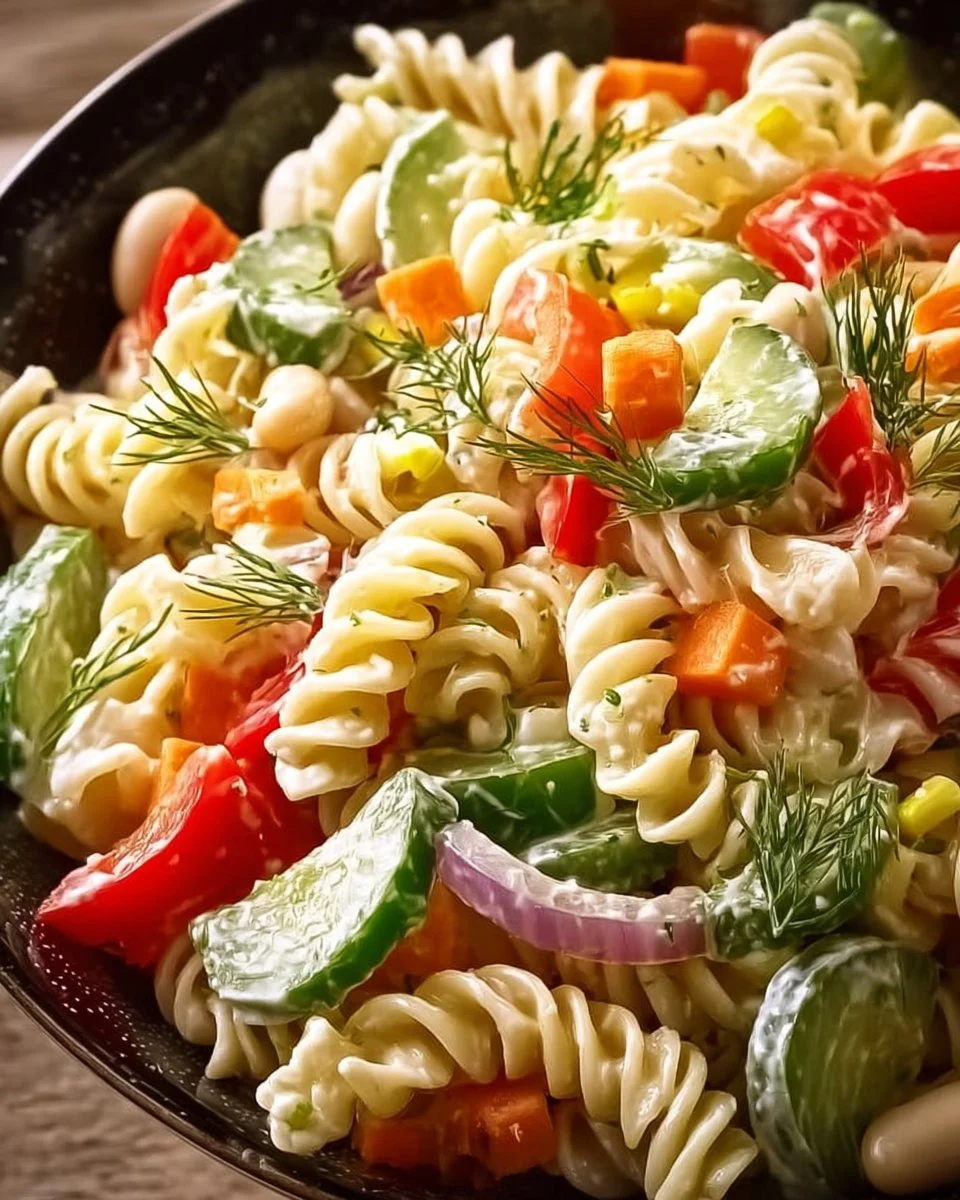 Cremiger Nudelsalat mit frischem Gemüse und einer sämigen Soße