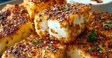 Crispy Feta aus dem Airfryer auf einem Teller serviert.