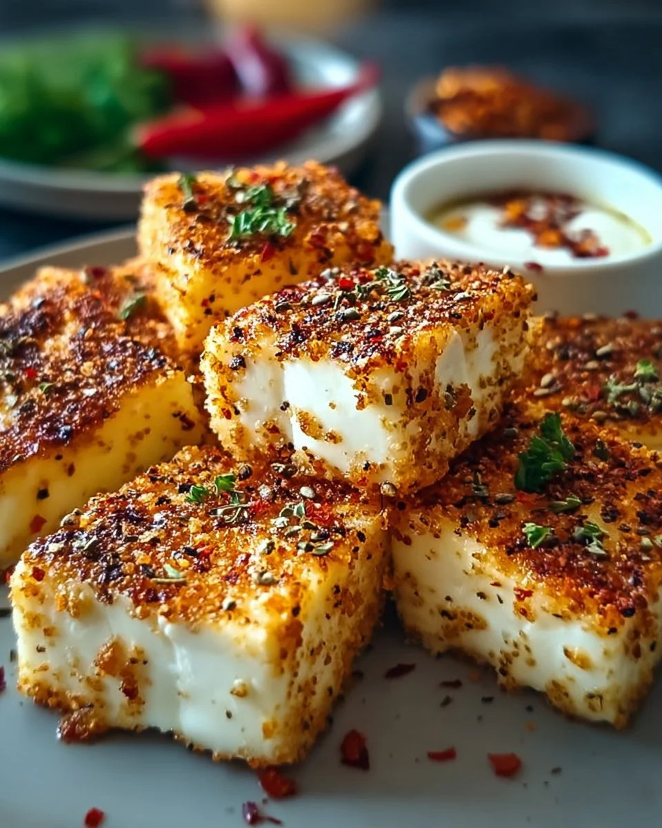 Crispy Feta aus dem Airfryer auf einem Teller serviert.