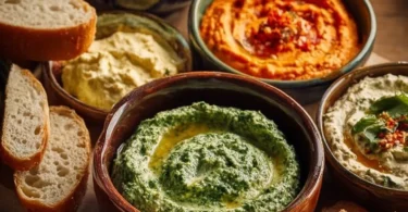 Bunte Dips für Brot in Schalen auf einem Tisch