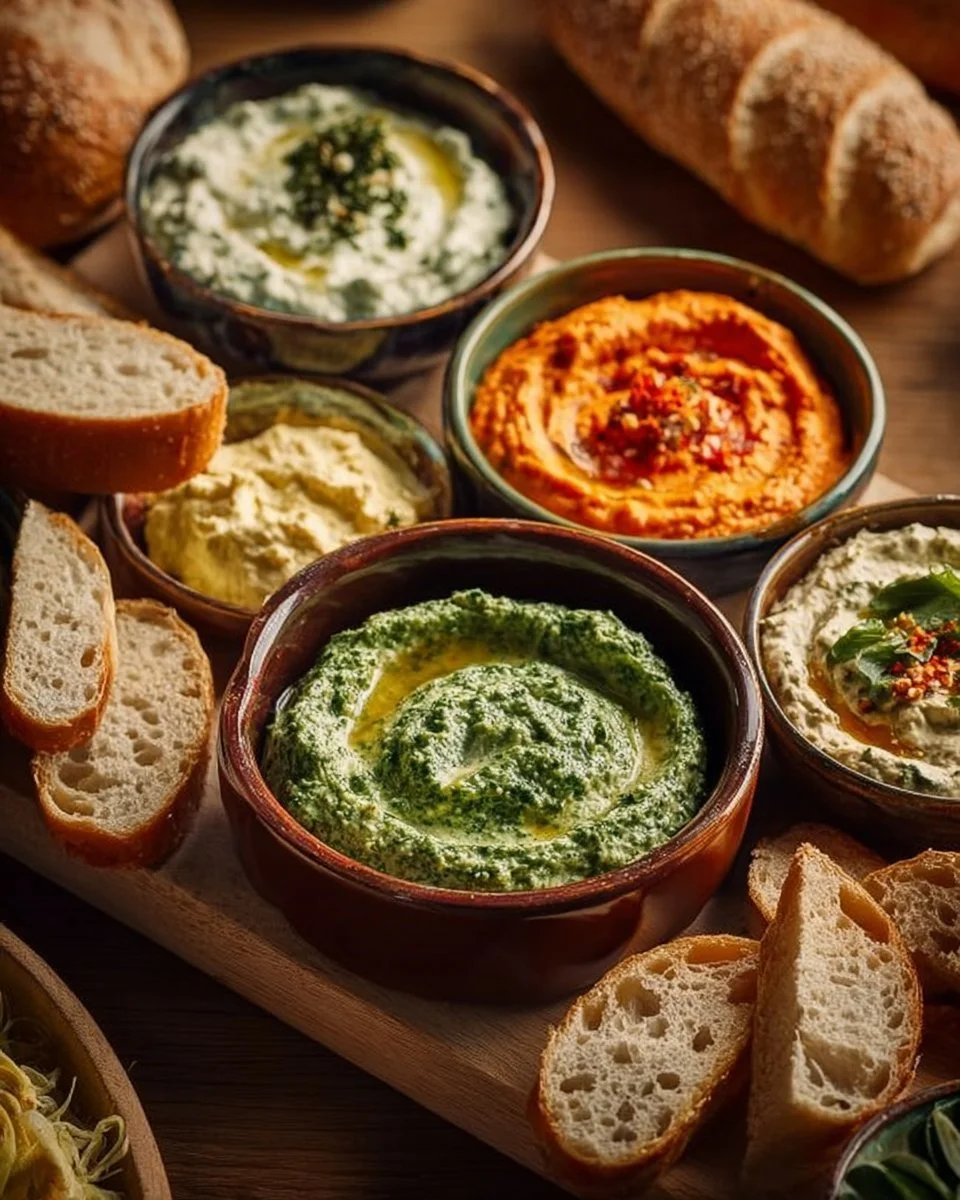 Bunte Dips für Brot in Schalen auf einem Tisch
