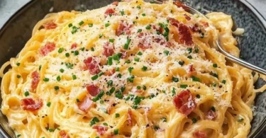 Eier-Nudeln mit Speck und Parmesan auf einem Teller angerichtet