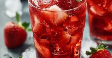 Selbstgemachter Erdbeer-Eistee in einem Glas mit frischen Erdbeeren