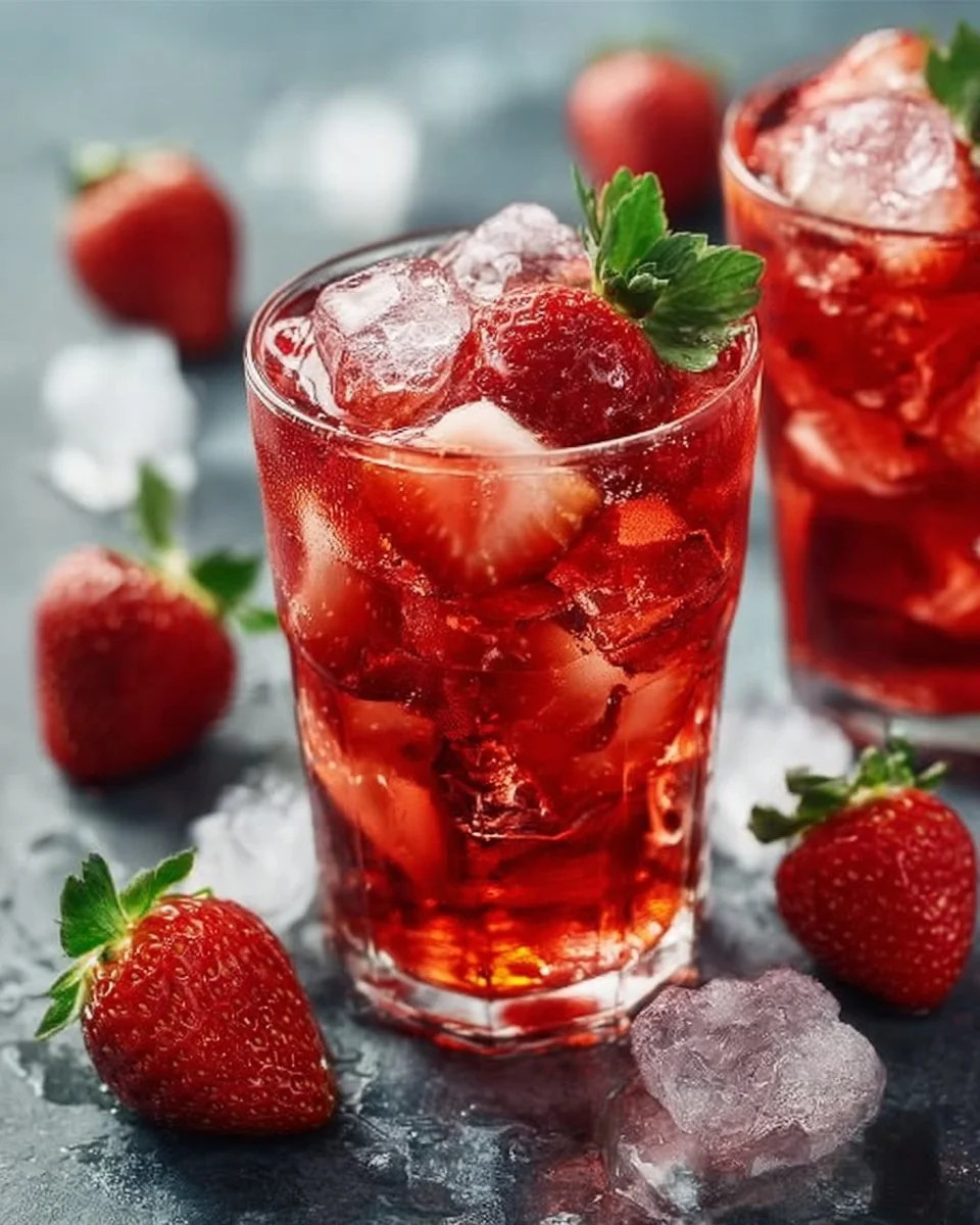 Selbstgemachter Erdbeer-Eistee in einem Glas mit frischen Erdbeeren