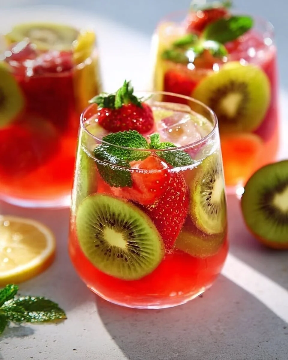 Erfrischende Erdbeer-Kiwi-Limonade in einem Glas mit frischen Früchten.