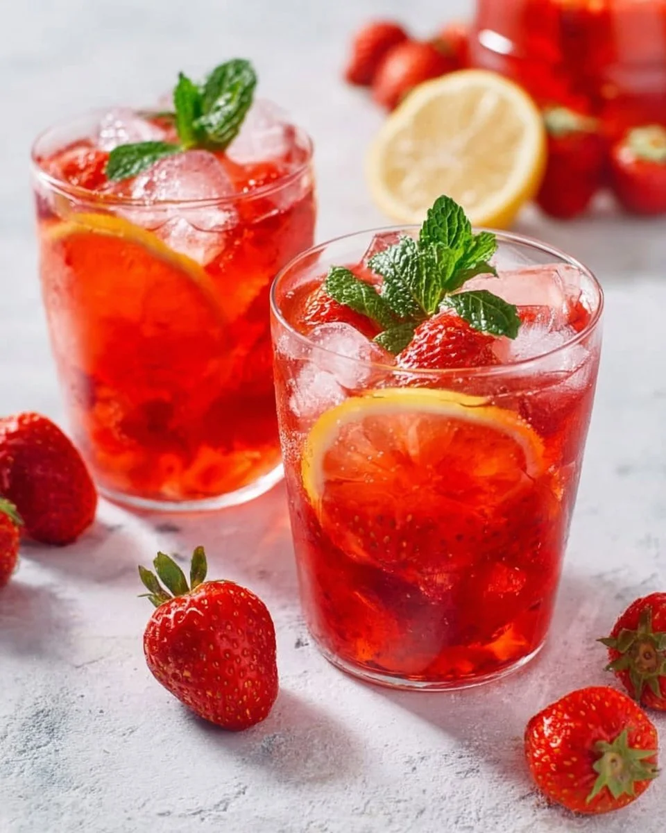 Glas mit erfrischender Erdbeer Limonade und frischen Erdbeeren