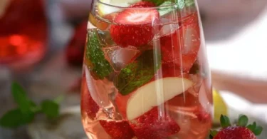 Erfrischende Erdbeer-Minz-Bowle in einem eleganten Glas serviert.