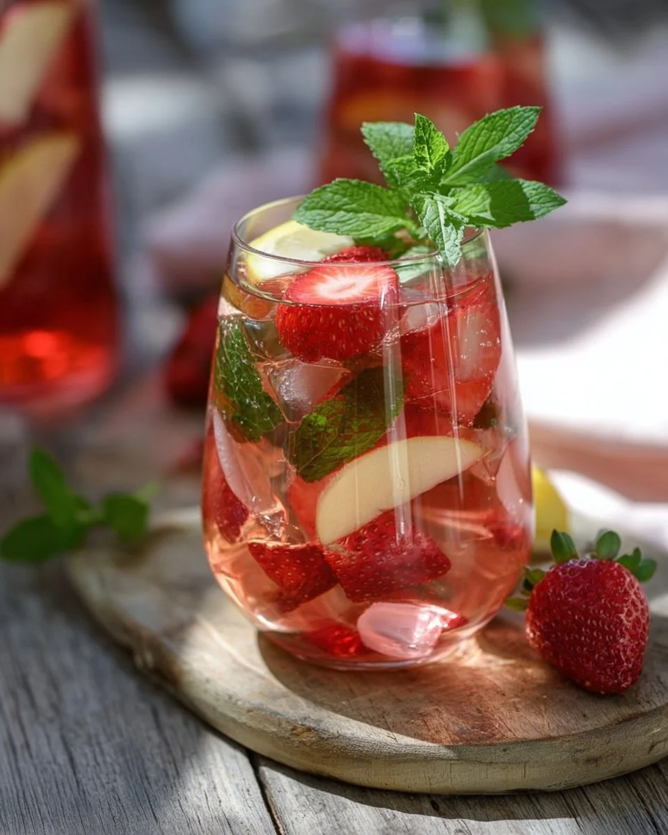 Erfrischende Erdbeer-Minz-Bowle in einem eleganten Glas serviert.