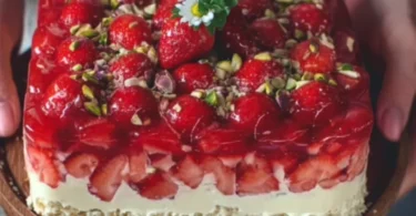 Erdbeerkuchen vom Blech mit Vanillepudding, frisch und appetitlich