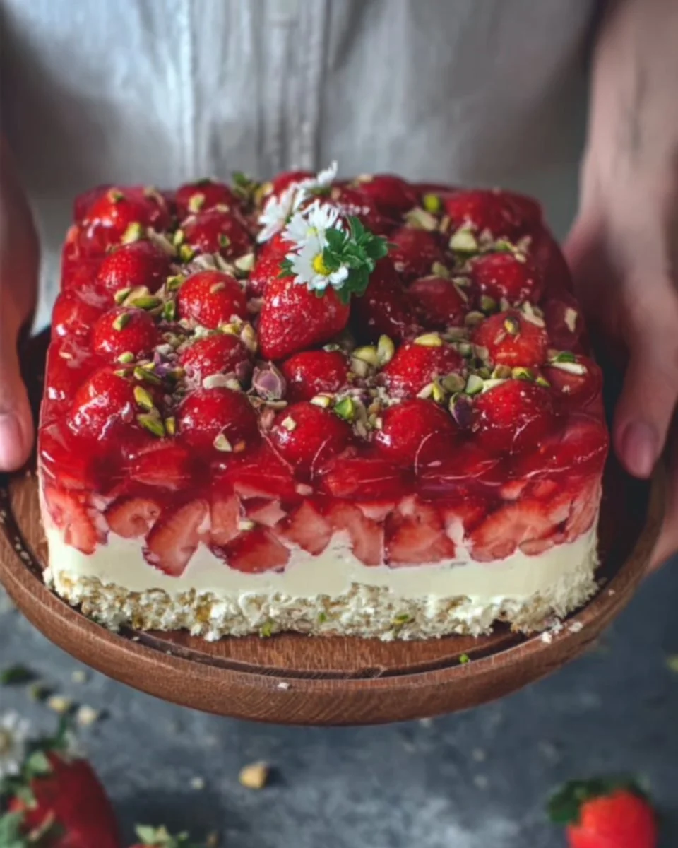 Erdbeerkuchen vom Blech mit Vanillepudding, frisch und appetitlich