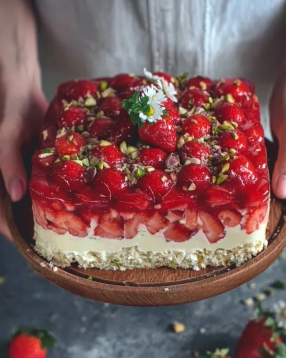 Erdbeerkuchen vom Blech mit Vanillepudding