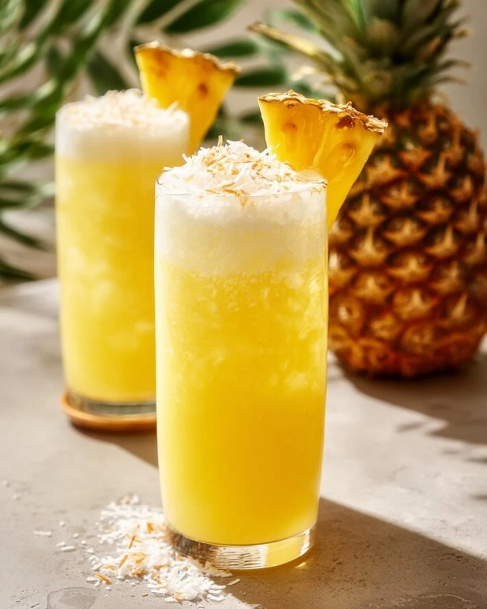 Erfrischende Ananaslimonade in einem Glas mit frischen Ananasstücken.