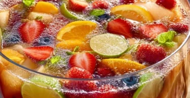 Erfrischende Bowle mit frischen Früchten und Eiswürfeln serviert