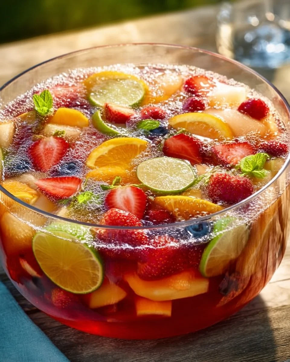 Erfrischende Bowle mit frischen Früchten und Eiswürfeln serviert