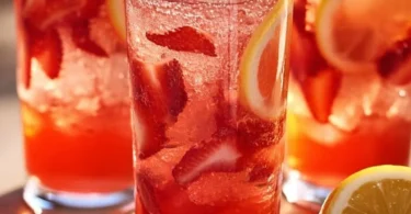 Erfrischende Erdbeer-Minze-Limonade in einem Glas mit frischen Erdbeeren und Minzblättern