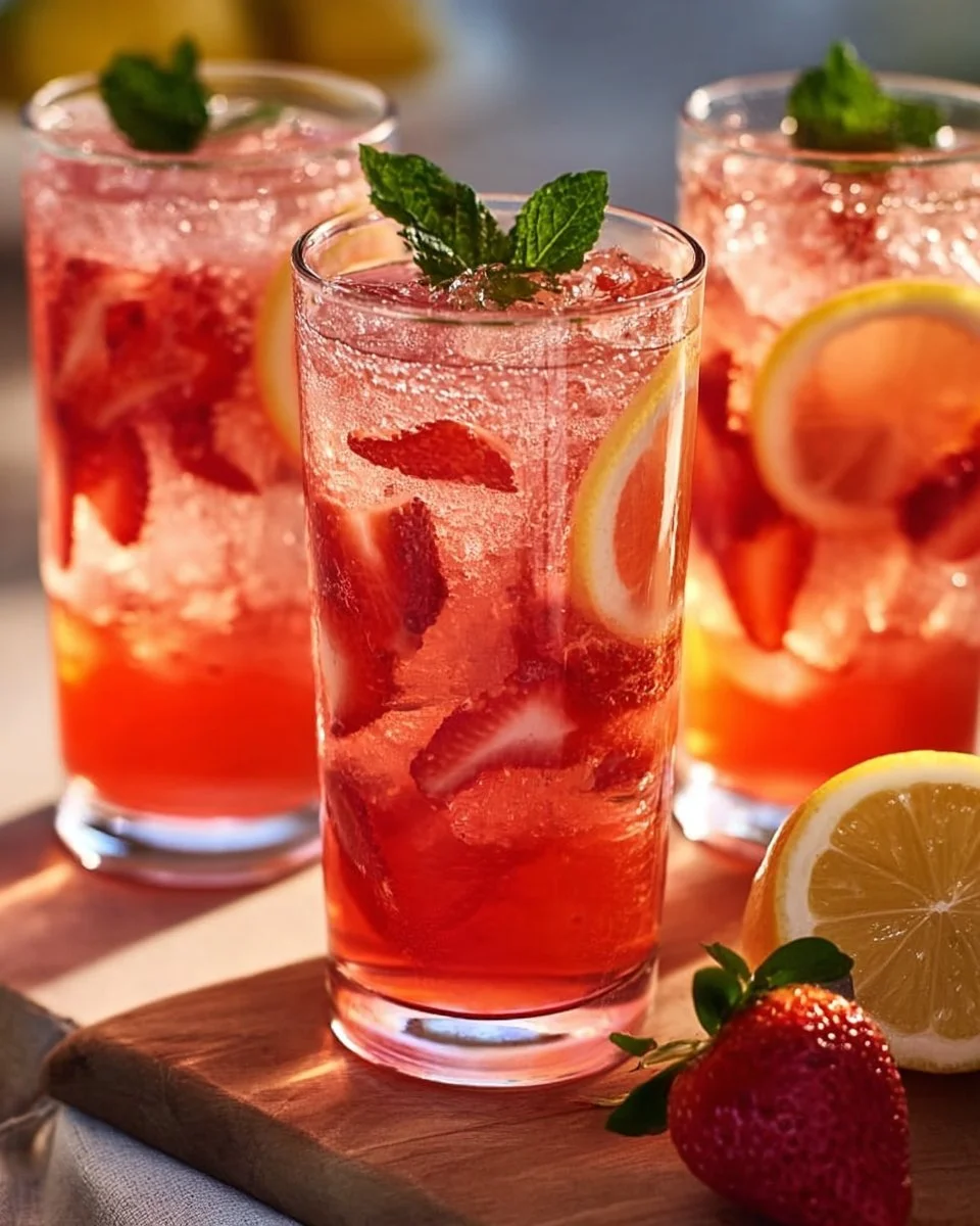Erfrischende Erdbeer-Minze-Limonade in einem Glas mit frischen Erdbeeren und Minzblättern