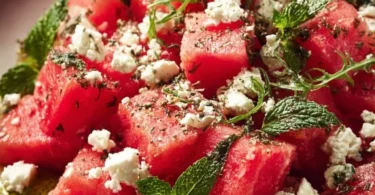 Erfrischender Wassermelonen-Feta-Sommersalat mit Minze und frischen Zutaten