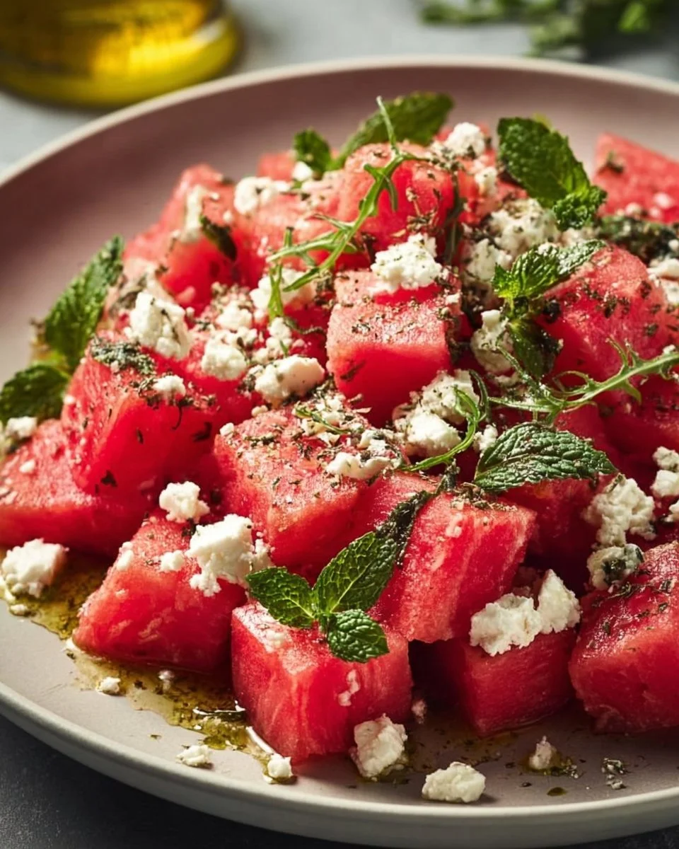 Erfrischender Wassermelonen-Feta-Sommersalat mit Minze und frischen Zutaten