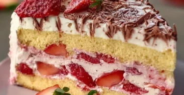 Fantakuchen mit frischen Erdbeeren auf einem Teller