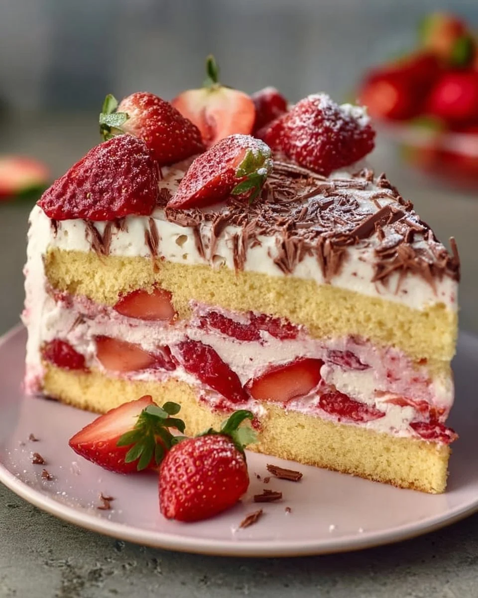 Fantakuchen mit frischen Erdbeeren auf einem Teller