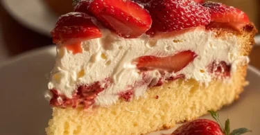 Fantakuchen mit frischen Erdbeeren auf einem Teller