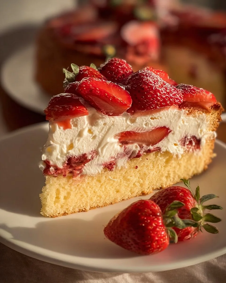 Fantakuchen mit frischen Erdbeeren auf einem Teller