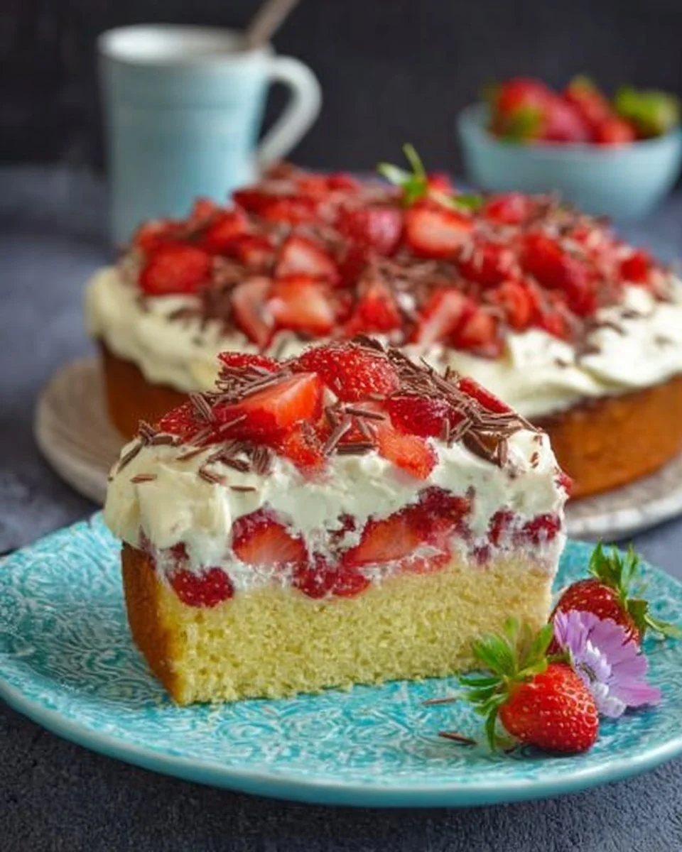 Fantakuchen mit Schmand und Erdbeeren auf einem Teller serviert.